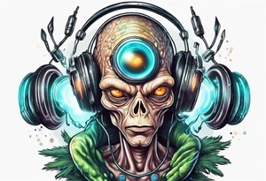 A realistic portrait of an extraterrestrial DJ with a glowing pineal gland tattoo idea