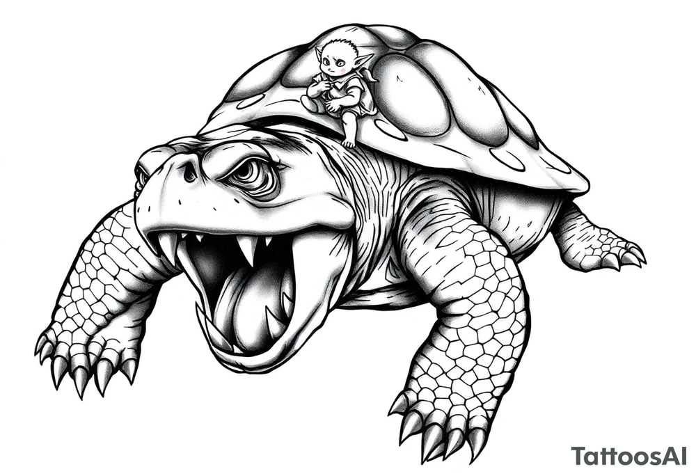 powerful majestic an angry turtle with huge teeth and a tiny hobbit like person riding on the back tattoo idea