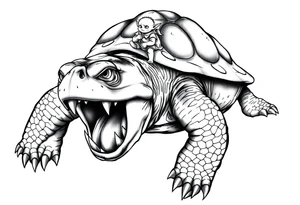 powerful majestic an angry turtle with huge teeth and a tiny hobbit like person riding on the back tattoo idea