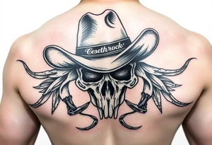 Create a tatoo design for a sleeve  with edelbrock and my boyfriends name  Micky in it and southern cowboy hat skull colors black grey crimson ehite tattoo idea
