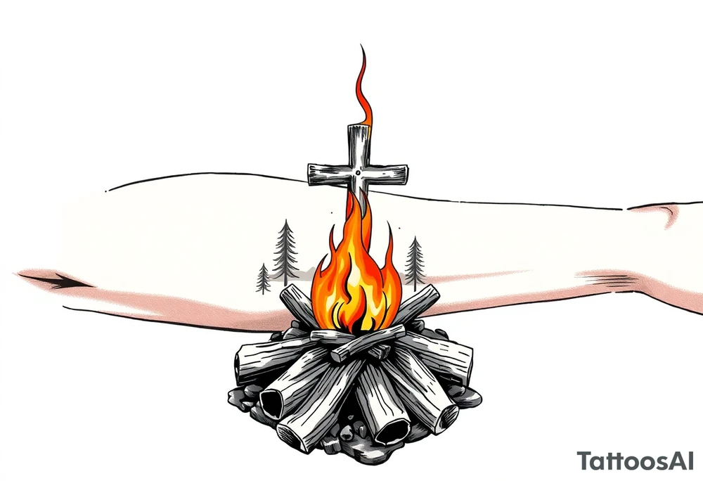 Campfire with cross include the great outdoors and night sky make sure cross doesn't look like it is on fire tattoo idea