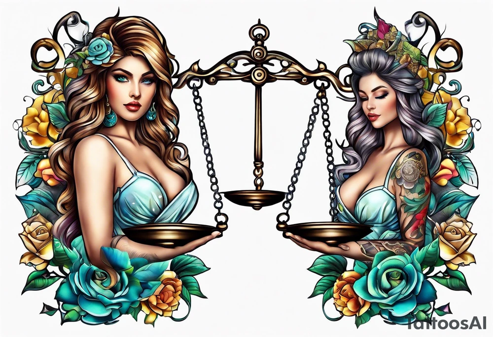 Intricate libra scales held by a beautiful woman tattoo idea
