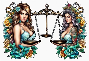 Intricate libra scales held by a beautiful woman tattoo idea