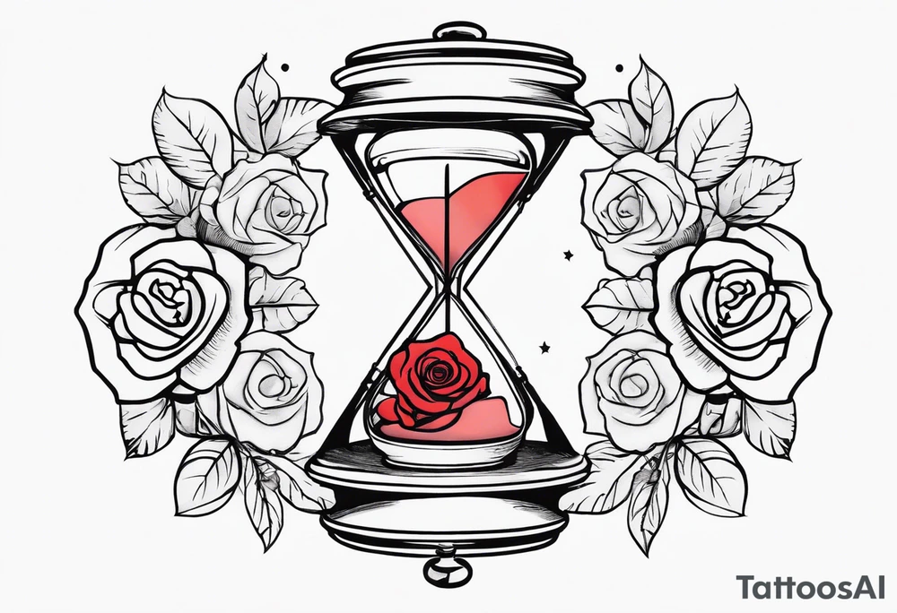 I want a design to print on t-shirts. The design is an hourglass with a wristwatch in the middle with Amazigh numbers, and this watch is surrounded by planets and Ashulk roses. tattoo idea