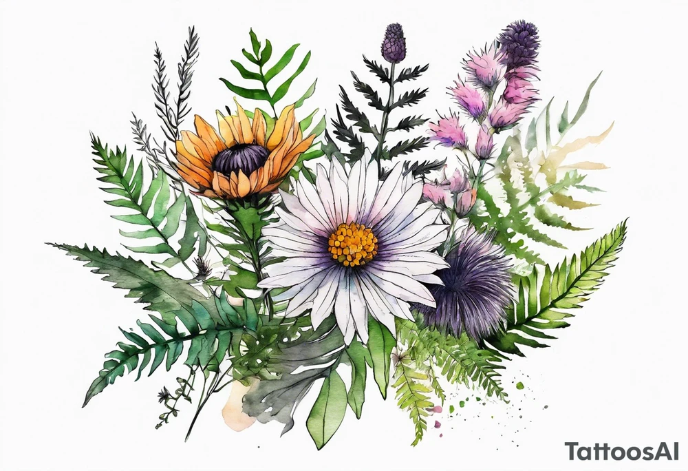 spread out mixed wildflower bouquet with ferns, thistle and with watercolor tattoo idea