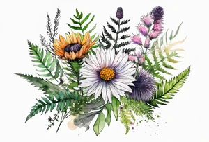spread out mixed wildflower bouquet with ferns, thistle and with watercolor tattoo idea