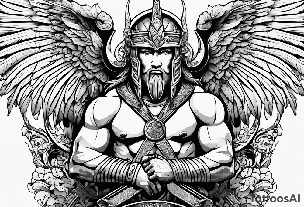 gladiator figure, ram horns, angel wings tattoo idea