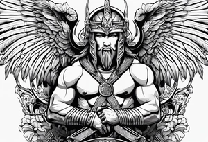 gladiator figure, ram horns, angel wings tattoo idea