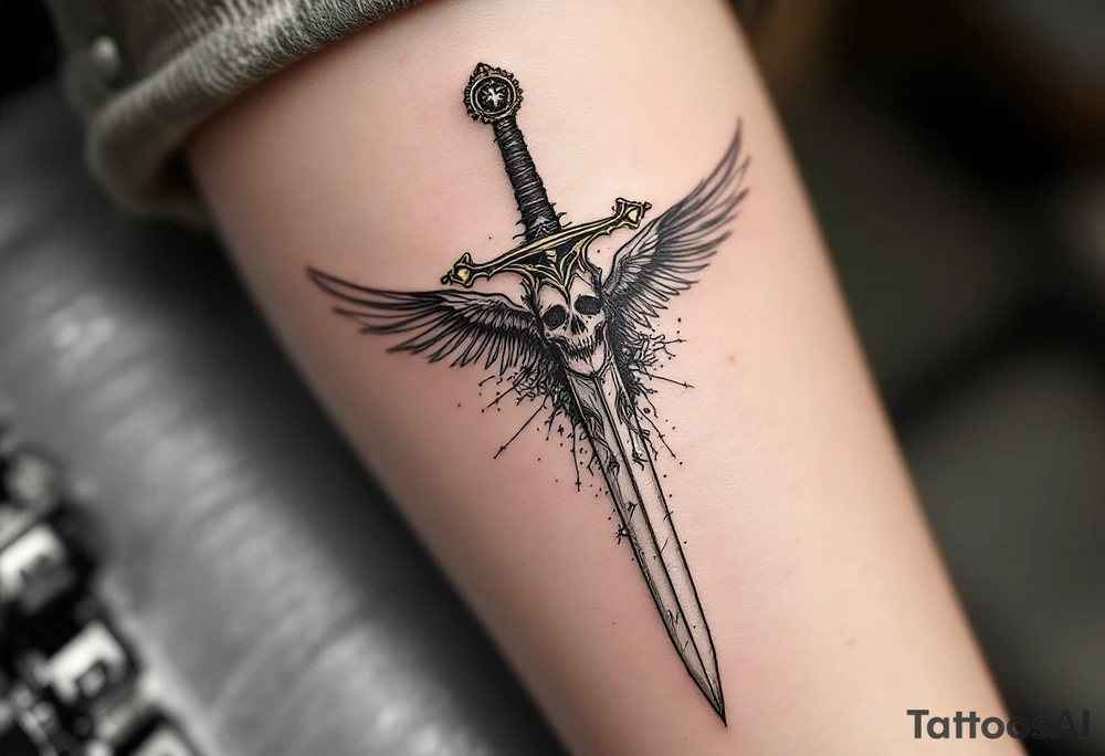 Momentum mori engraved on the sword of the angel of death tattoo idea