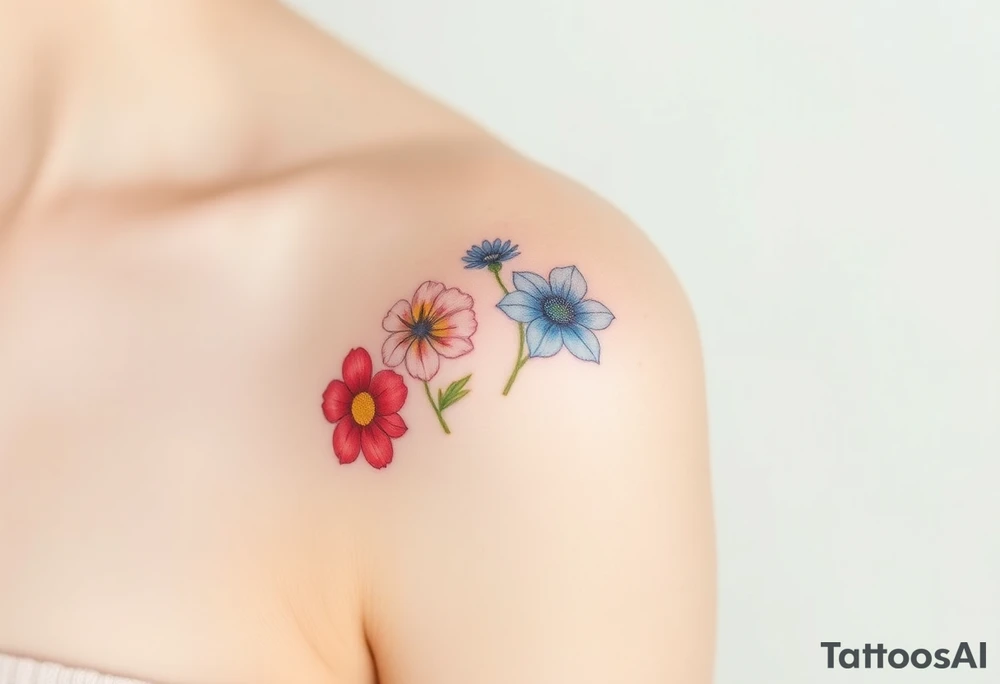 Upper arm and shoulder sleeve
Realistic
Water color
Fine line
Birth flowers for the months of
February 
July
August
October
December
Multi colored tattoo idea