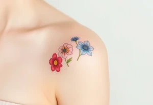 Upper arm and shoulder sleeve
Realistic
Water color
Fine line
Birth flowers for the months of
February 
July
August
October
December
Multi colored tattoo idea