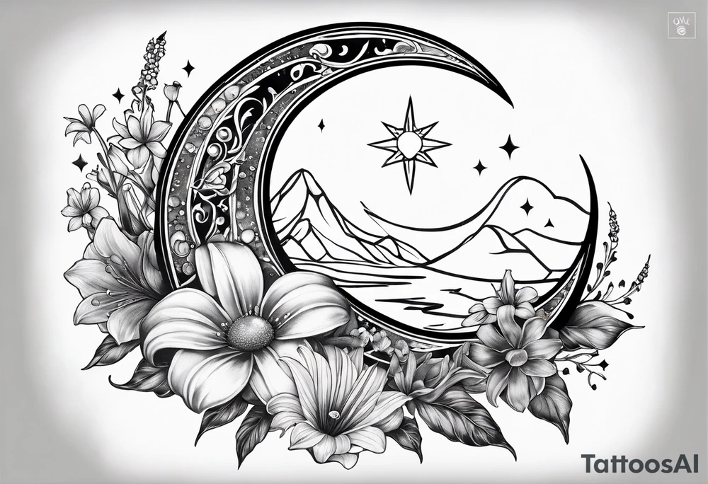 Crescent moon with daisy's, lily’s, crystals, and mushrooms tattoo idea