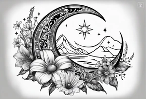 Crescent moon with daisy's, lily’s, crystals, and mushrooms tattoo idea