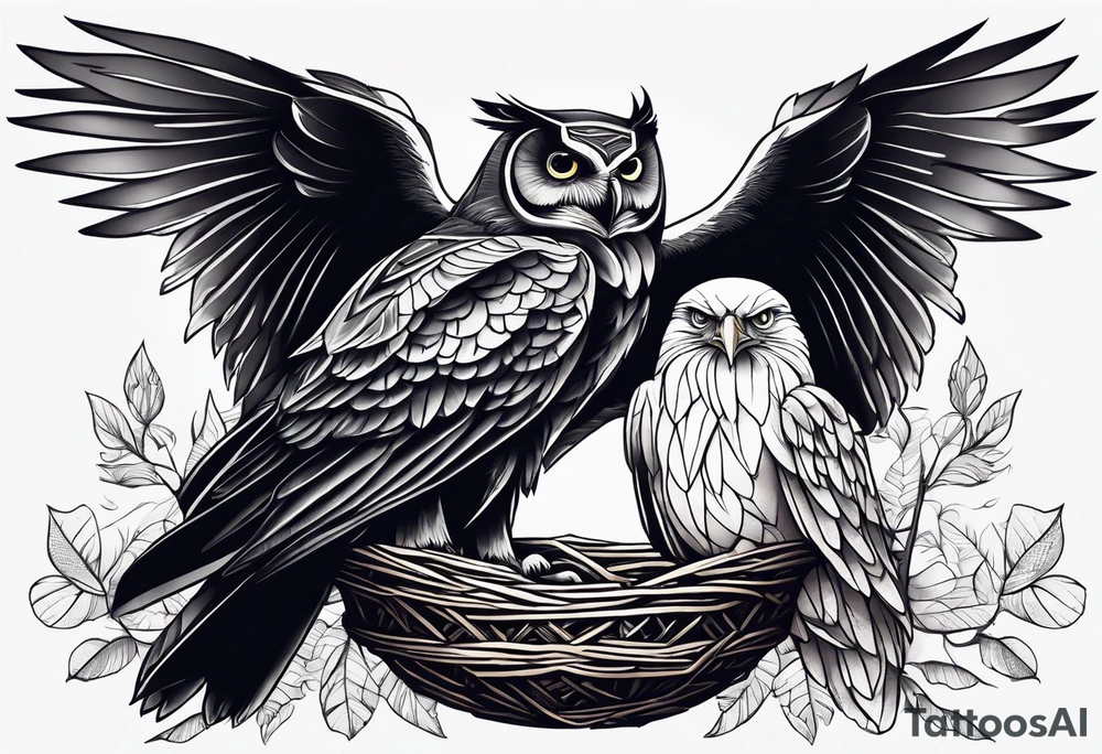 Owl, raven, eagle cuddled in a nest, birdseye view tattoo idea