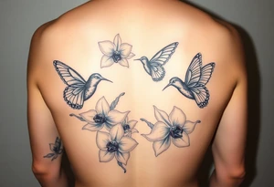 Butterflies and hummingbirds flying over orchids tattoo idea