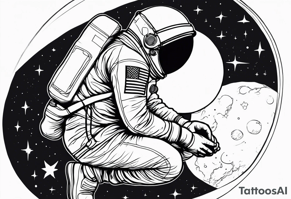 an astronaut hunched over in space from the back holding a planet tattoo idea
