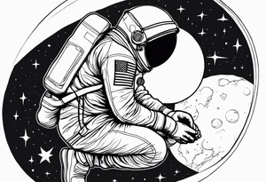 an astronaut hunched over in space from the back holding a planet tattoo idea