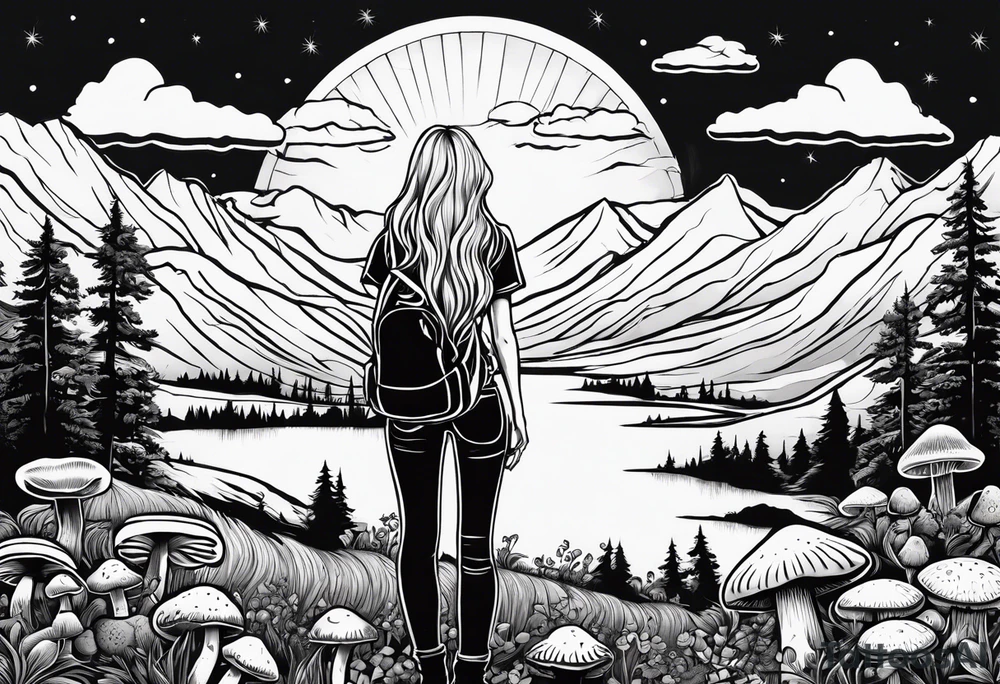 Straight long blonde hair hippie girl in distance holding mushrooms in hand facing away toward mountains and creek surrounded by mushrooms tee shirt and hiking pants tattoo idea