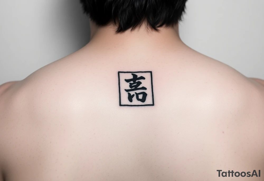 Black rectangle tattoo (like phone screen) with single Kanji '悟' (enlightenment) inside. Matte effect, no shine. 5x3cm, inner arm placement. tattoo idea