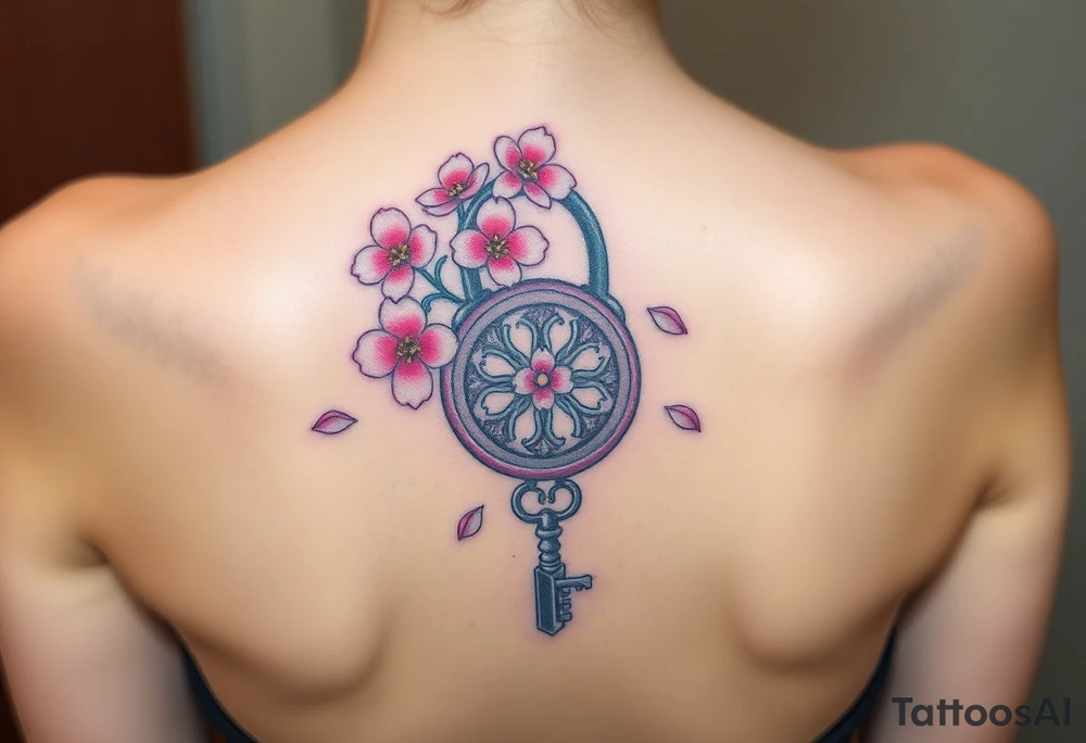 A cherry blossom lock with pink petals gently falling around it, with an intricately designed silver key resting below tattoo idea