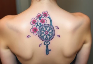 A cherry blossom lock with pink petals gently falling around it, with an intricately designed silver key resting below tattoo idea