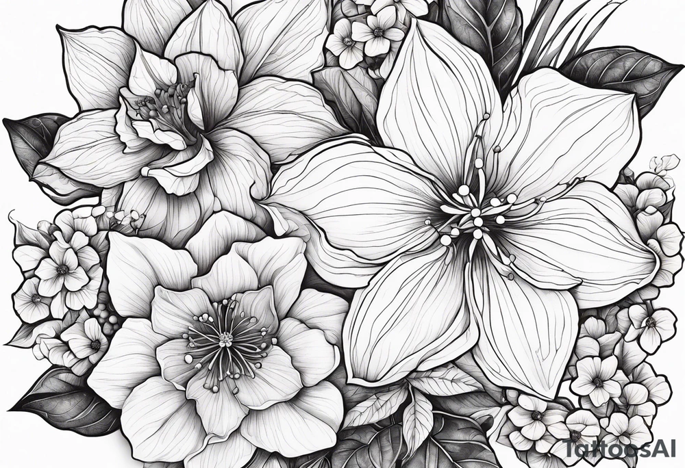 Hydrangea, Narcissus, Poinsettia, Holly, Gladiolus, Poppy, Daisy, Sweet Pea floral tattoo idea
