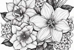 Hydrangea, Narcissus, Poinsettia, Holly, Gladiolus, Poppy, Daisy, Sweet Pea floral tattoo idea