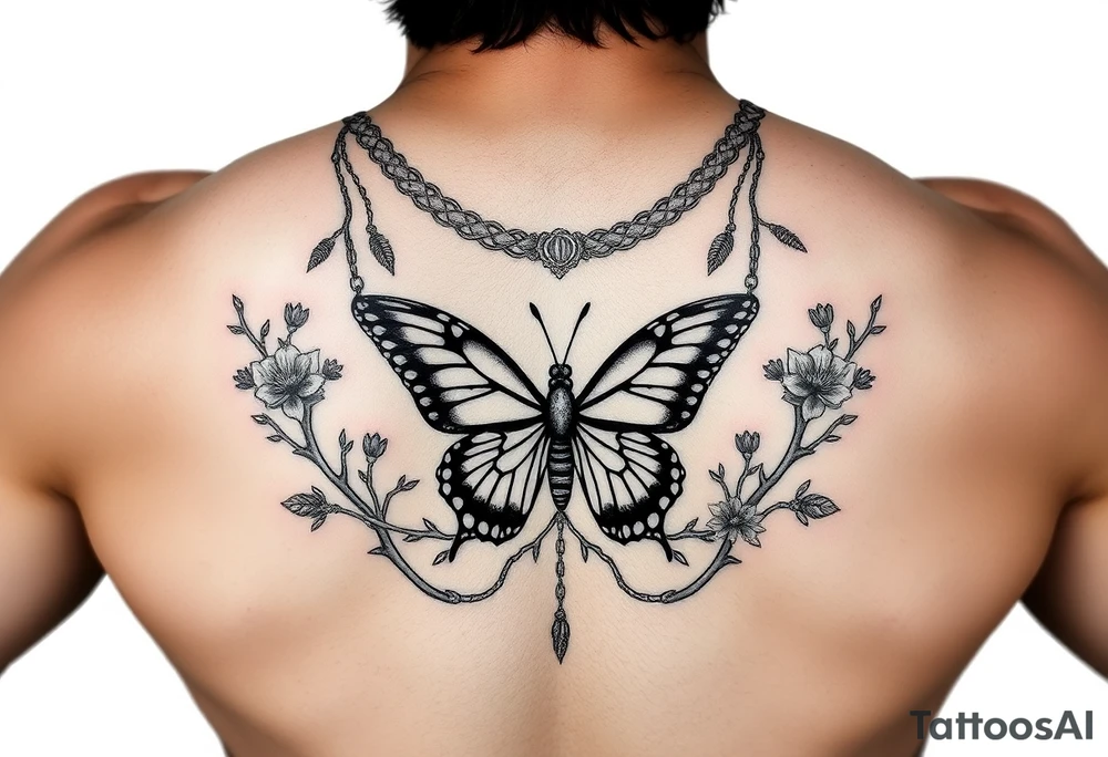 Gargona with a butterfly necklace and branches with thorns and flowers on the sides tattoo idea