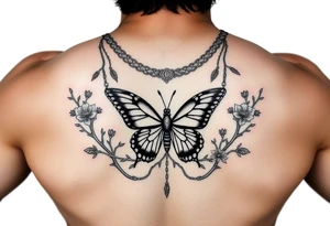 Gargona with a butterfly necklace and branches with thorns and flowers on the sides tattoo idea