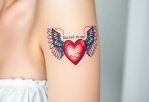 dainty catholic sacred heart with angel wings tattoo idea