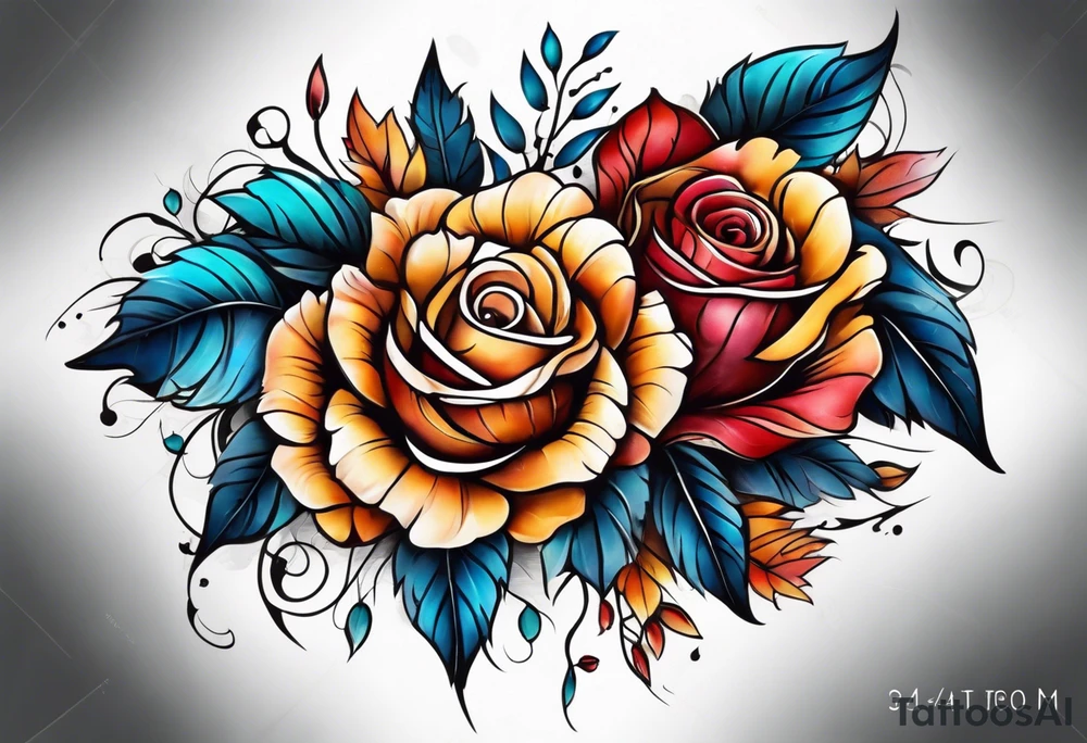 Front knee tattoo with fall colors, small flowers, rose, leaves, blue water flows with washes and background tattoo idea