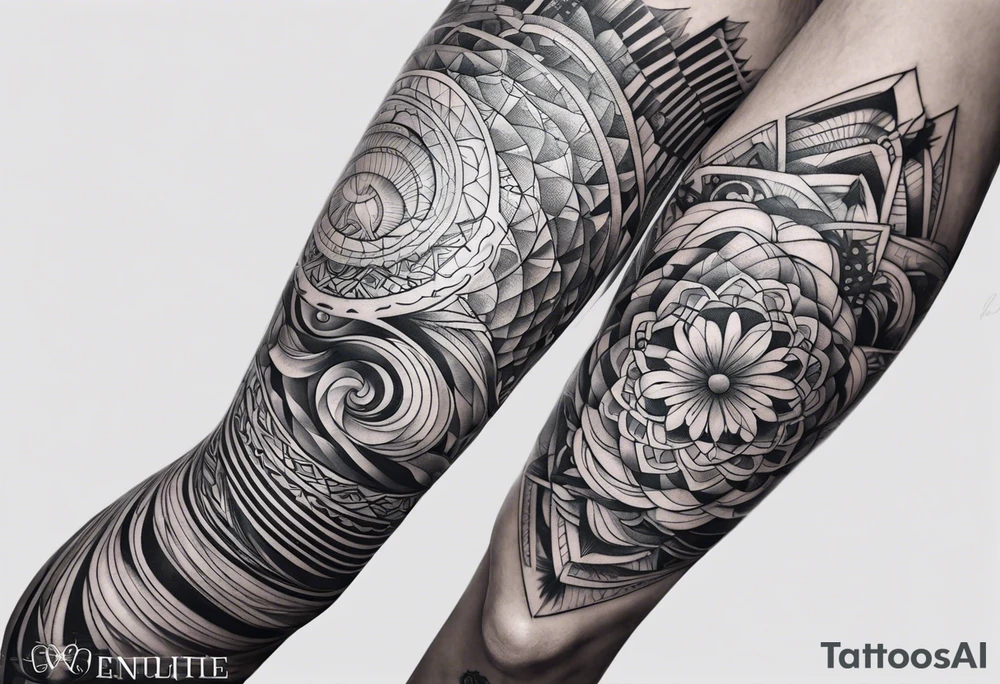 Ocean full leg sleeve male geometric tattoo idea
