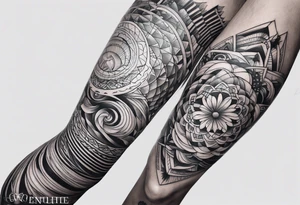 Ocean full leg sleeve male geometric tattoo idea