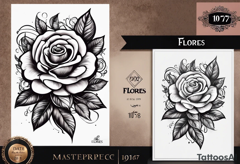 “Flores” with a rose and the date 01/01/76 and the date 09/20/76 and the date 10/11/11 with some clouds tattoo idea