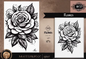 “Flores” with a rose and the date 01/01/76 and the date 09/20/76 and the date 10/11/11 with some clouds tattoo idea
