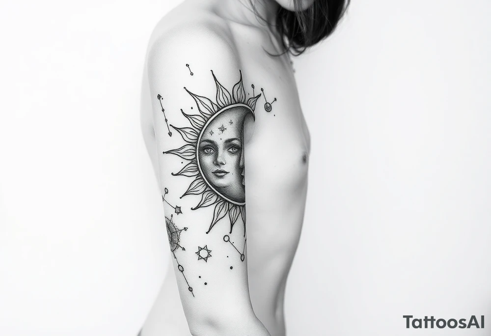 celestial sun and moon embrace with constellation patterns tattoo idea
