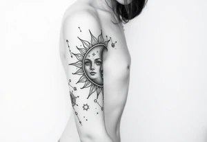 celestial sun and moon embrace with constellation patterns tattoo idea