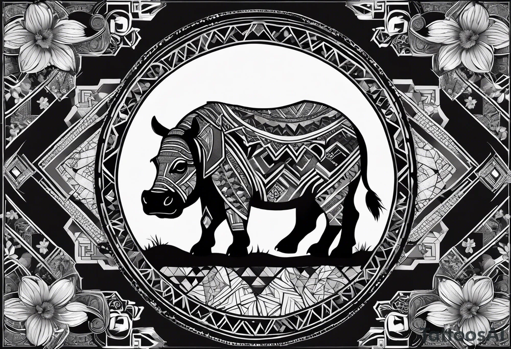 Very asymmetrical, +geometric pattern, with realistic full moon, with hippo,+tribal, +geometric, +inkart , +blackwork, +grey scale, + sketch
with wintersweet flower bud, +for men, detailed layering , modify from my favourites , dont look like a cow tattoo idea