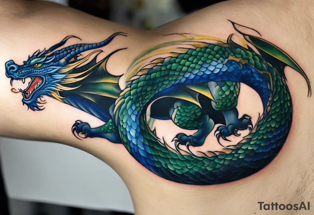 Micro realist Tattoo: An epic with no wings floating. Its body coiling dynamically, with scales and horns detailed to create a sense of movement and strength. The dragon's main color is dark blue but features accents in green, blue, and gold, giving a vibrant depth and a mystical aura. This tattoo highlights the dragon’s fierce expression and sharp claws as it wraps protectively around the leg. Style: Micro-realism tattoo idea