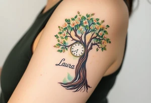 A blooming tree with a clock embedded in its trunk and name "Laura", symbolizing growth and life, in shades of green, brown, and soft golden highlights tattoo idea