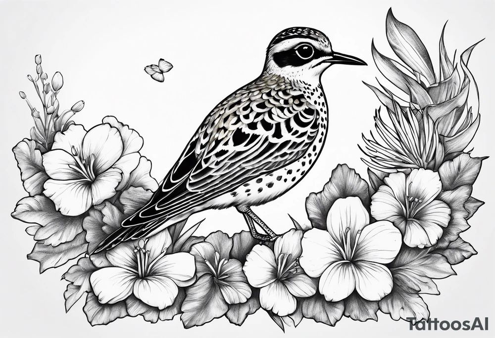 Pacific golden plover with Hawaiian flowers tattoo idea