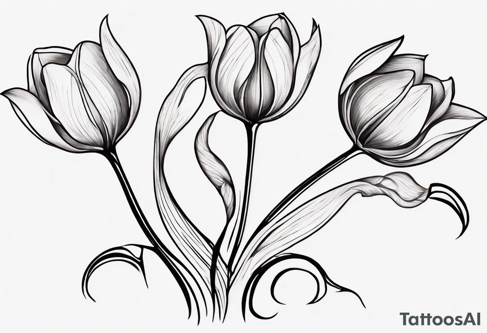 Generate a compelling tattoo design featuring three tulips with intertwining stems. Emphasize the graceful entwining of the stems, creating a harmonious and visually captivating composition. Each tulip should showcase distinct characteristics, from the delicate curves of the petals to the intricate details of the stamen. Consider incorporating elements that symbolize unity, growth, and interconnectedness. Capture the essence of nature's beauty while ensuring the overall design is balanced and aesthetically pleasing. tattoo idea