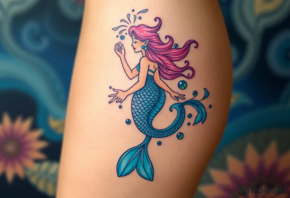 Mermaid, water, feminine, from hip to ankle on the side. Use blues,aquas, purple,pinks, yellow tattoo idea