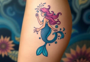 Mermaid, water, feminine, from hip to ankle on the side. Use blues,aquas, purple,pinks, yellow tattoo idea