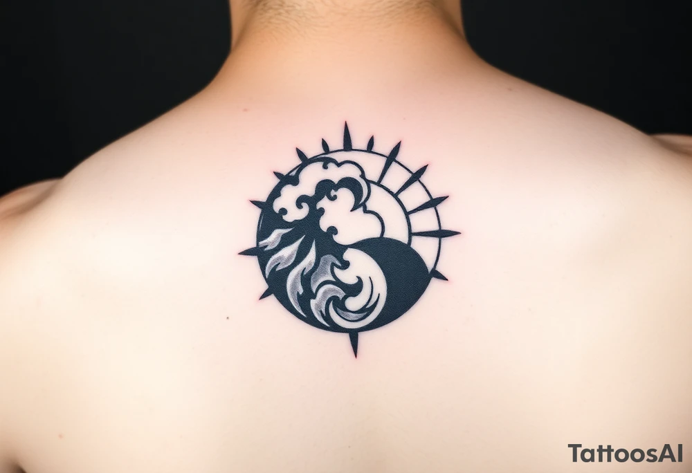 yin-yang one side storm one side sunshine meditative silhouette tattoo idea