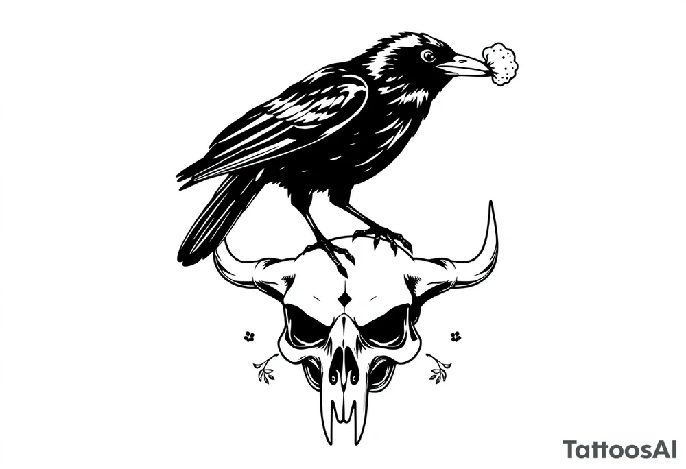 Crow with mushroom in its beak, standing on an animal skull tattoo idea