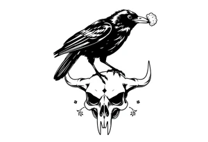 Crow with mushroom in its beak, standing on an animal skull tattoo idea