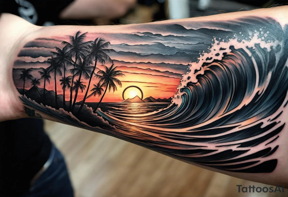 Tattoo on forearm from the perspective of being on the ocean at sunset. Water is calm, with no waves, the sun is setting behind the ocean, reflecting light onto the ocean. tattoo idea