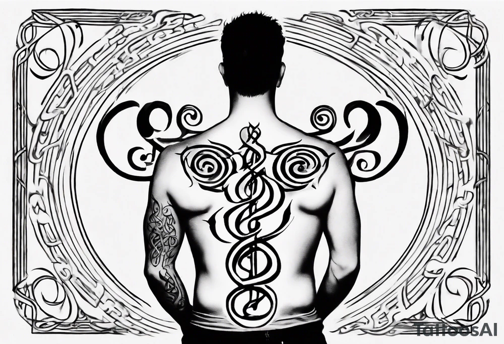 father sitting on father's shoulders. Walking into the sun. Treble clef on son's back. Celtic design on father's back. tattoo idea