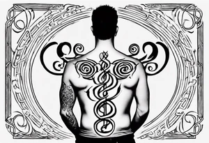 father sitting on father's shoulders. Walking into the sun. Treble clef on son's back. Celtic design on father's back. tattoo idea